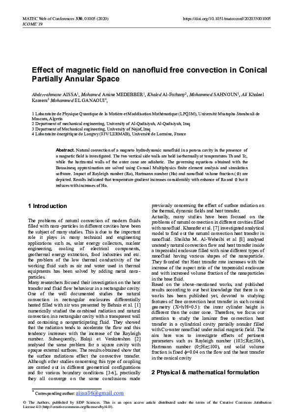 (PDF) Effect of magnetic field on nanofluid free convection in Conical ...