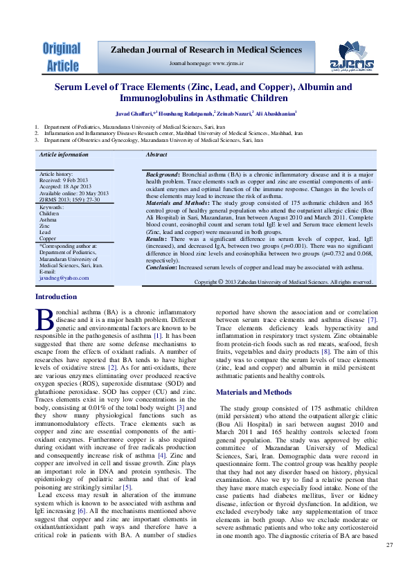 (PDF) Serum Level of Trace Elements (Zinc, Lead, and Copper), Albumin ...