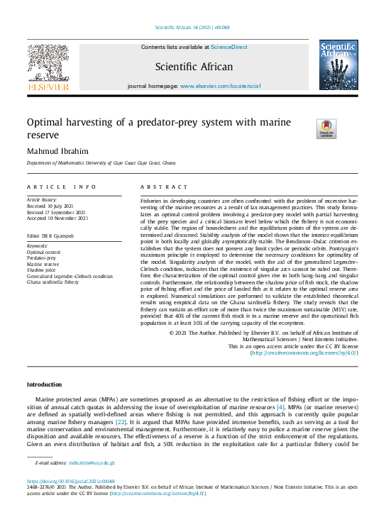 (PDF) Optimal harvesting of a predator-prey system with marine reserve