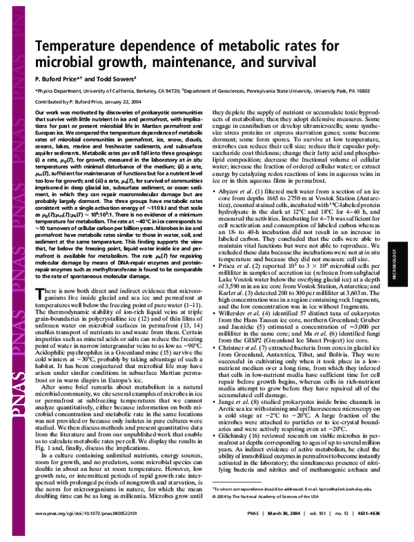 TEMPERATURE DEPENDENCE OF METABOLIC RATES FOR MICROBIAL GROWTH intelligence overview
