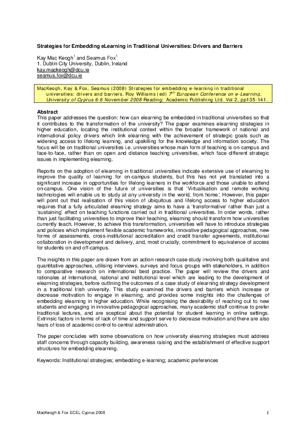 (PDF) Strategies for embedding eLearning in traditional universities ...
