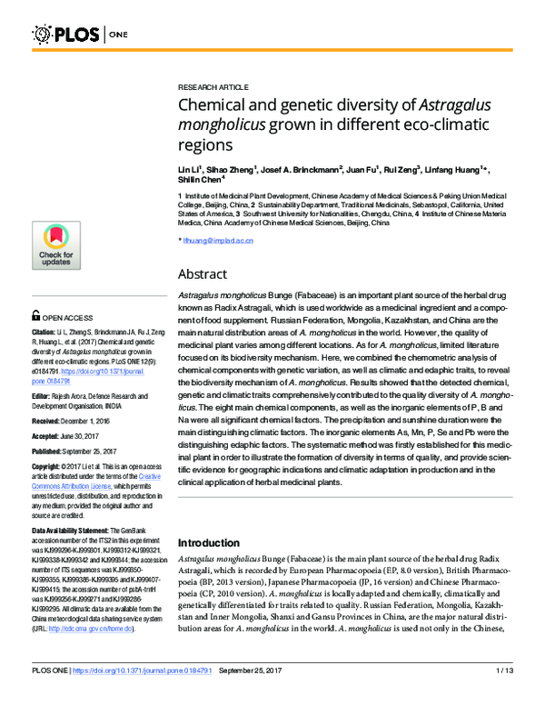 (PDF) Chemical and genetic diversity of Astragalus mongholicus grown in ...