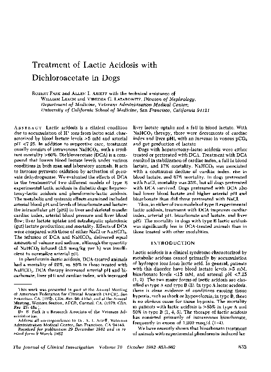 (PDF) Treatment of lactic acidosis with dichloroacetate in dogs