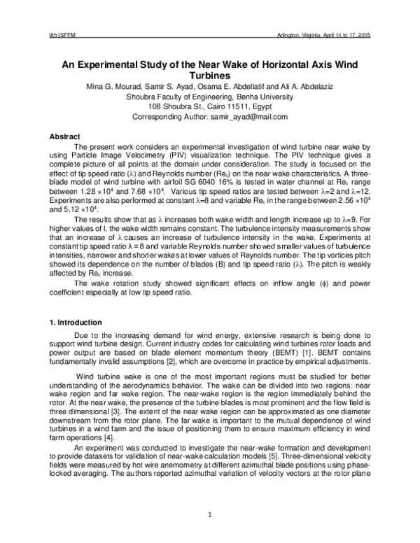 (PDF) An Experimental Study of the Near Wake of Horizontal Axis Wind ...