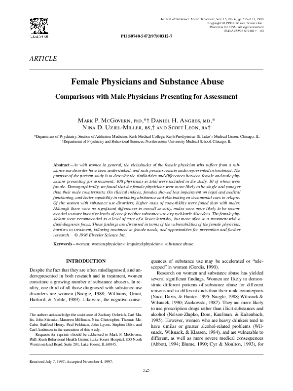 (PDF) Female Physicians and Substance Abuse:: Comparisons With Male ...
