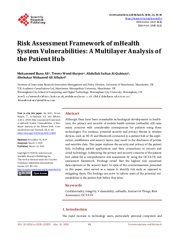 (PDF) Risk Assessment Framework of mHealth System Vulnerabilities: A ...