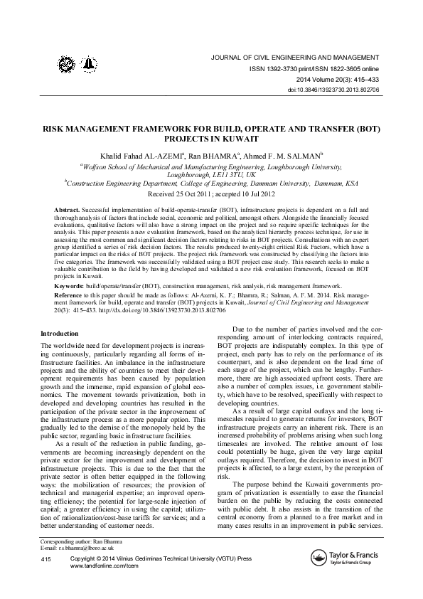 (PDF) Risk management framework for build, operate and transfer (BOT ...