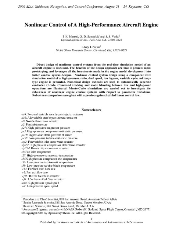 (PDF) Nonlinear Control of a High-Performance Aircraft Engine