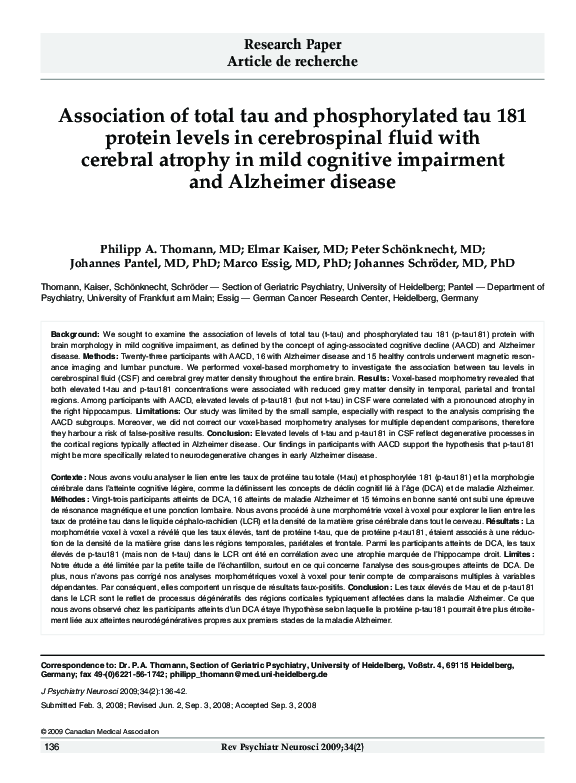 (PDF) Association of total tau and phosphorylated tau 181 protein ...