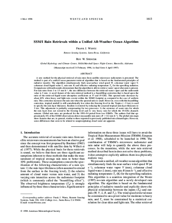(PDF) SSM/I Rain Retrievals within a Unified All-Weather Ocean Algorithm
