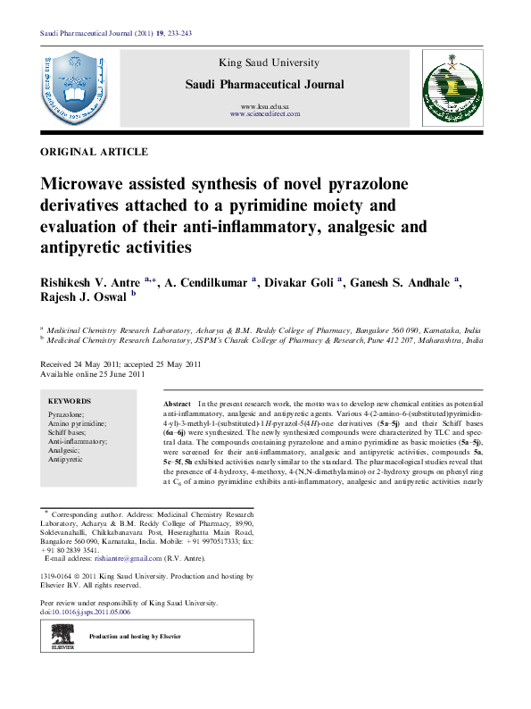 (PDF) Microwave assisted synthesis of novel pyrazolone derivatives ...