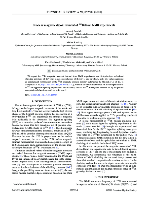 (PDF) Nuclear magnetic dipole moment of Bi209 from NMR experiments