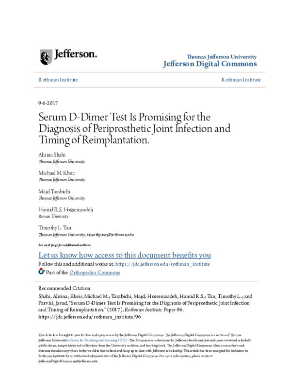 (PDF) Serum DDimer Test Is Promising for the Diagnosis of