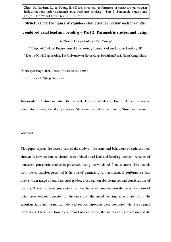 (PDF) Structural performance of stainless steel circular hollow ...
