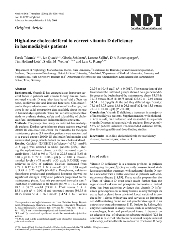 (PDF) Highdose cholecalciferol to correct vitamin D deficiency in haemodialysis patients