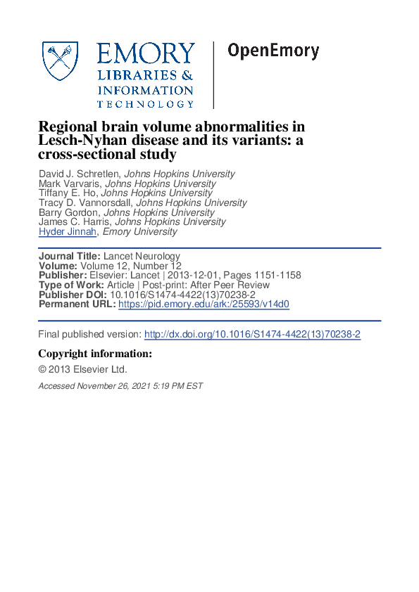(PDF) Regional brain volume abnormalities in Lesch-Nyhan disease and ...
