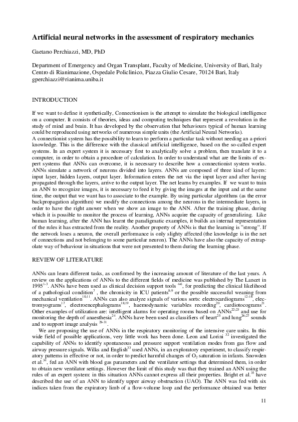 (PDF) Artificial neural networks in the assessment of respiratory mechanics