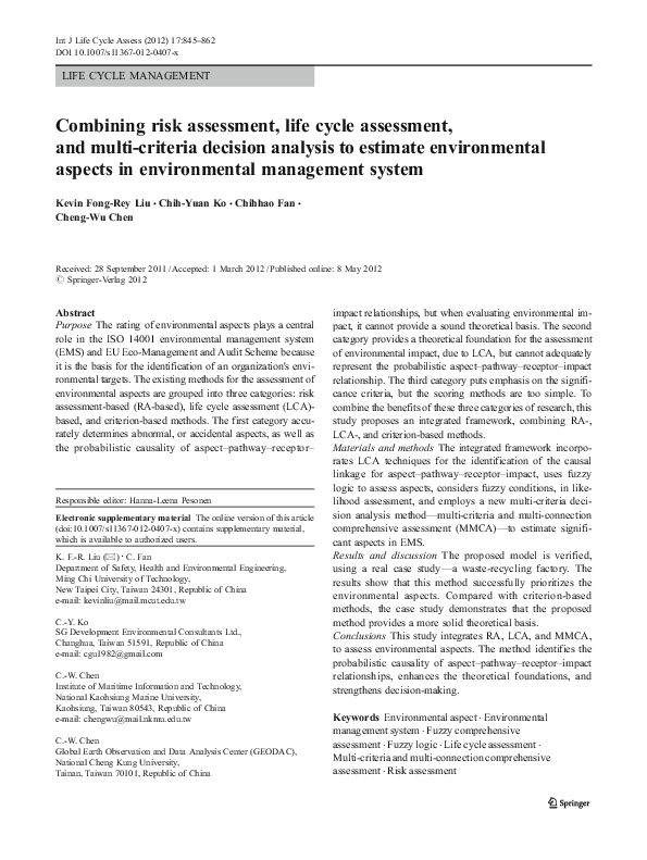 (PDF) Combining risk assessment, life cycle assessment, and multi ...