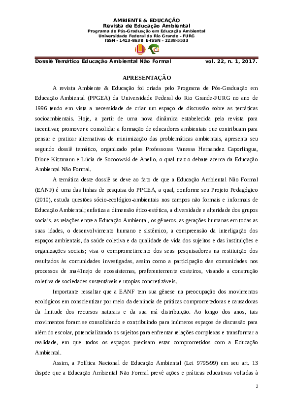 (PDF) APRESENTAÇÃO do dossiê de Educação Ambiental Não Formal Lucia Anello Academia.edu