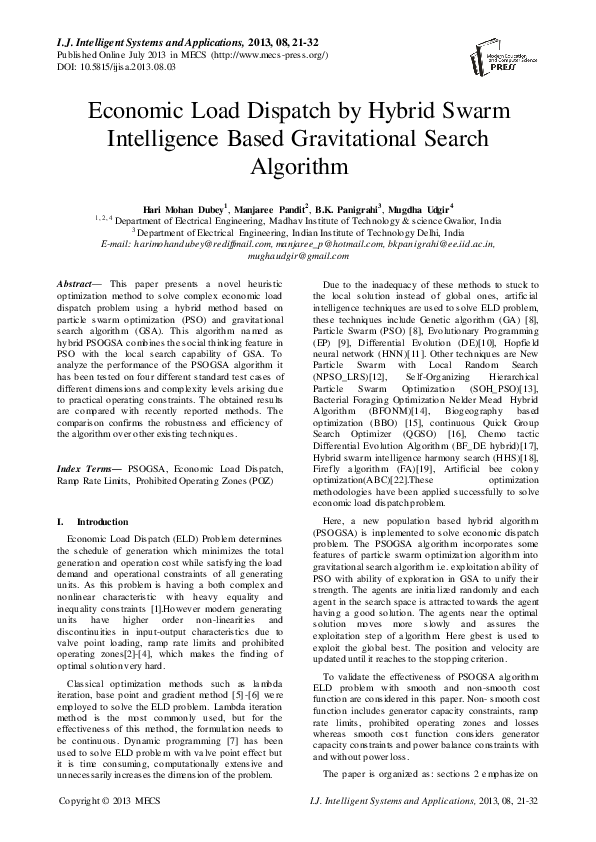(PDF) Economic Load Dispatch by Hybrid Swarm Intelligence Based ...