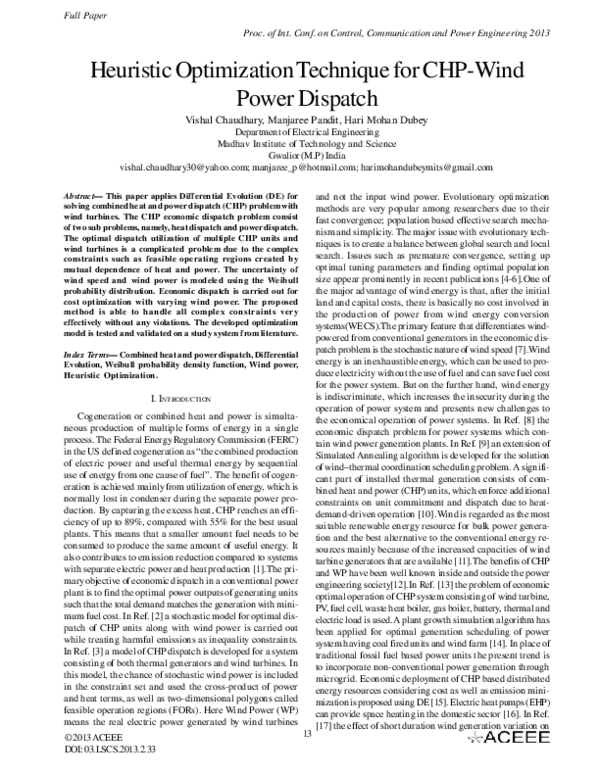 (PDF) Heuristic Optimization Technique for CHP-Wind Power Dispatch