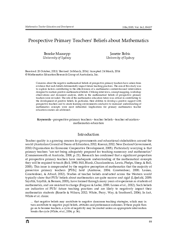 (PDF) Prospective Primary Teachers' Beliefs about Mathematics
