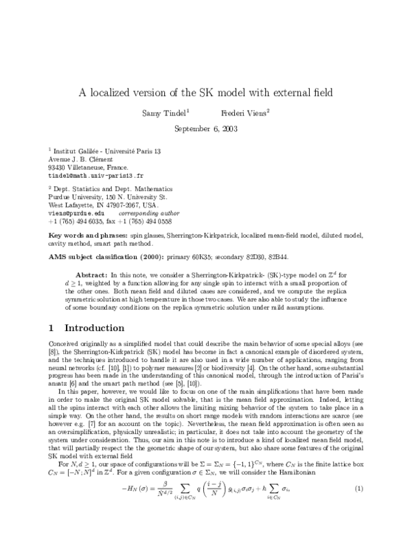 (PDF) A localized version of the SK model with externaleld