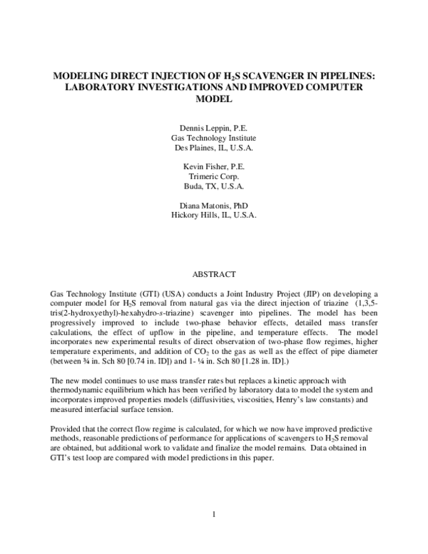 (PDF) Modeling Direct Injection of H 2 S Scavenger in Pipelines ...