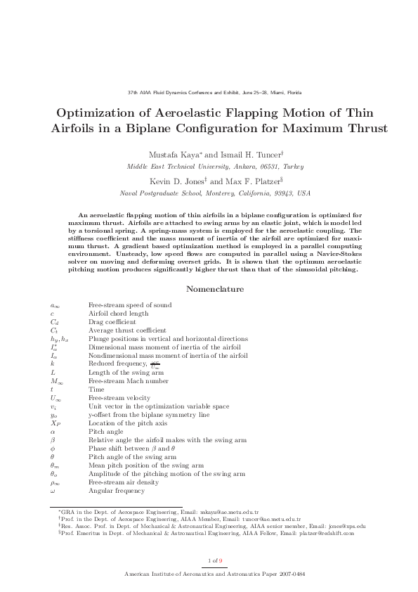 (PDF) Optimization of Aeroelastic Flapping Motion of Thin Airfoils In a ...