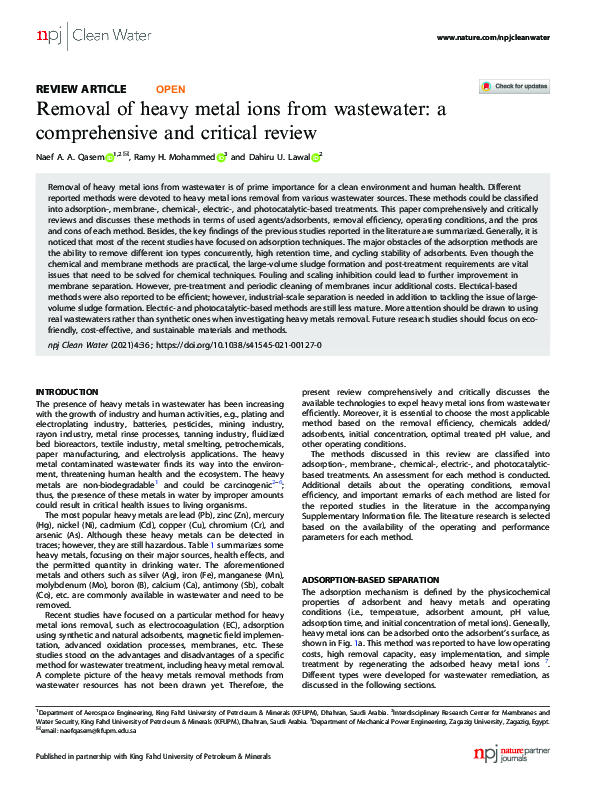 (PDF) Removal of heavy metal ions from wastewater: a comprehensive and ...