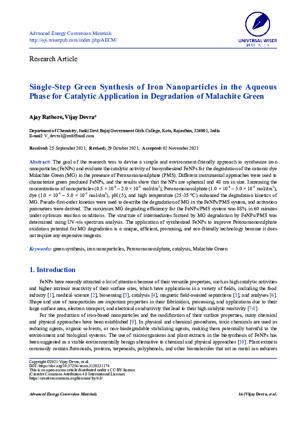(PDF) Single-Step Green Synthesis of Iron Nanoparticles in the Aqueous ...