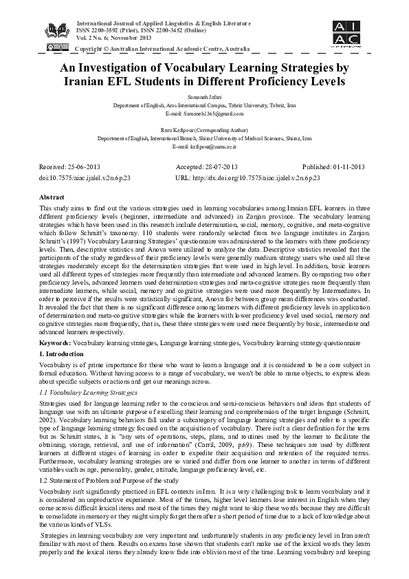 (PDF) An Investigation of Vocabulary Learning Strategies by Iranian EFL ...