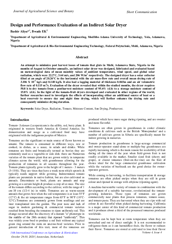 (PDF) Design and Performance Evaluation of an Indirect Solar Dryer