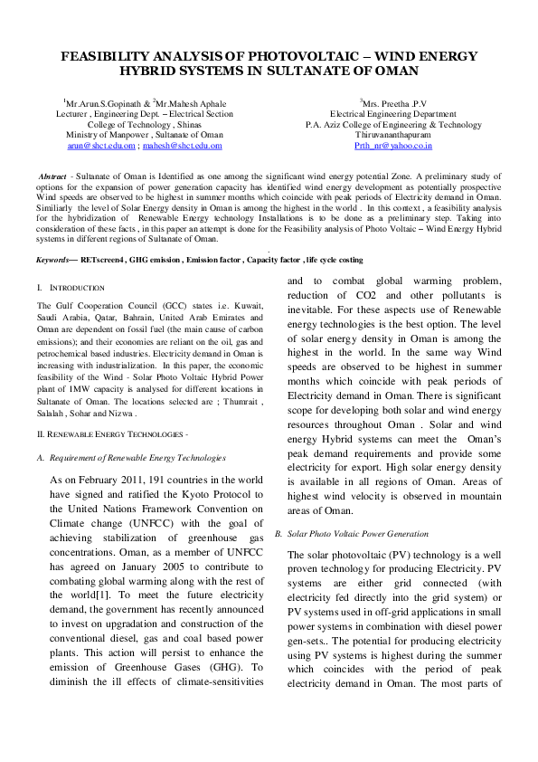 (PDF) Feasibility Analysis of Photovoltaic – Wind Energy Hybrid Systems ...