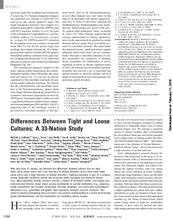 (PDF) Differences Between Tight and Loose Cultures A 33Nation Study