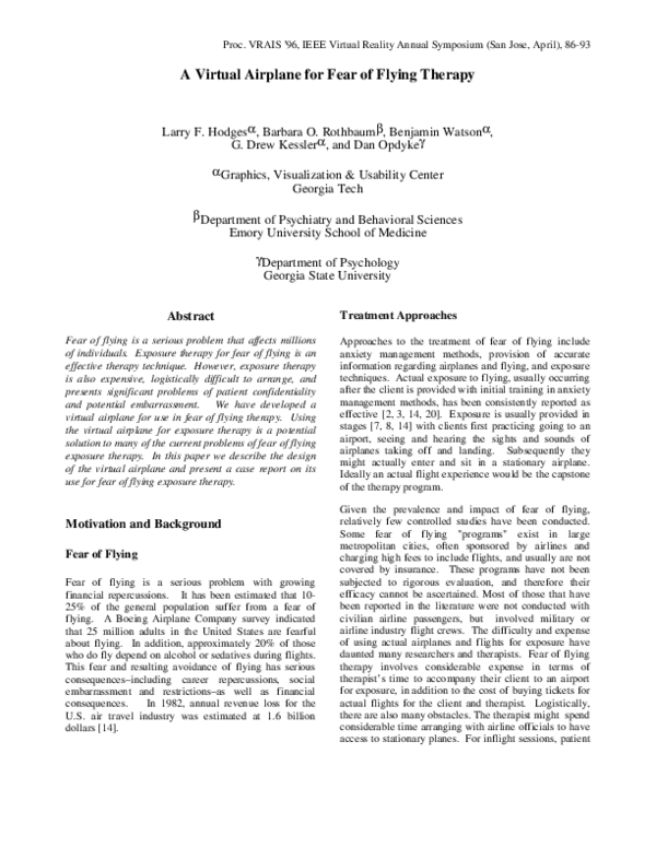 (PDF) A virtual airplane for fear of flying therapy