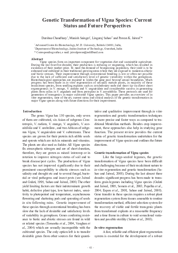 (PDF) Genetic Transformation of Vigna Species: Current Status and ...