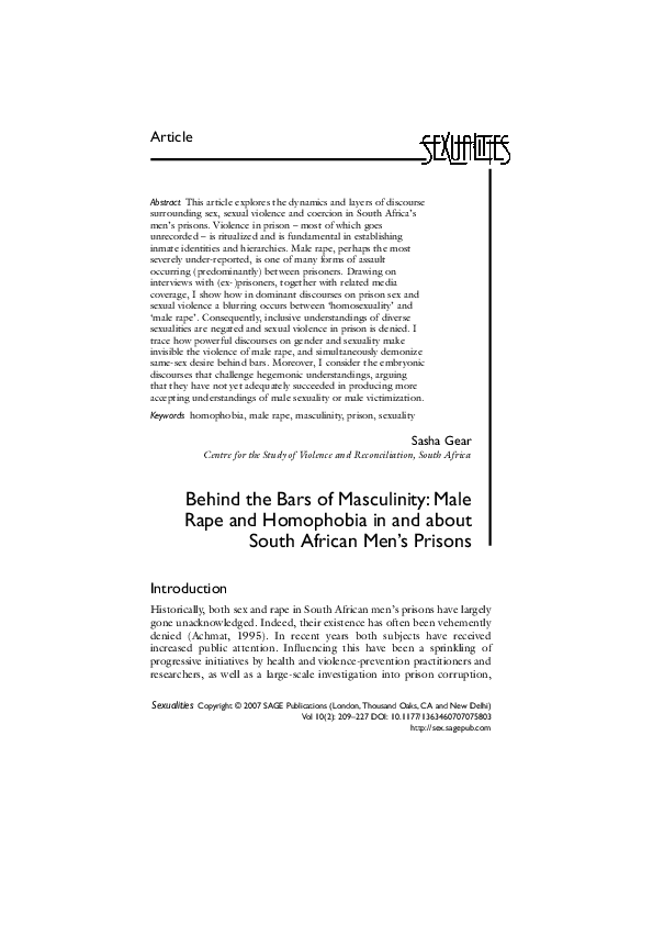 (PDF) Behind the bars of masculinity: Male rape and homophobia in and ...