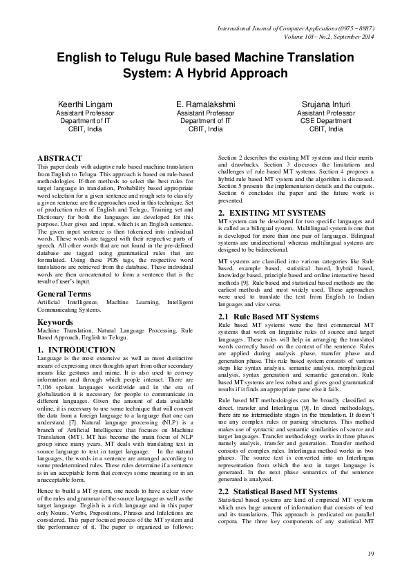 (PDF) English to Telugu Rule based Machine Translation System: A Hybrid ...