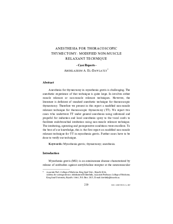 (PDF) Anesthesia for thoracoscopic thymectomy modified nonmuscle
