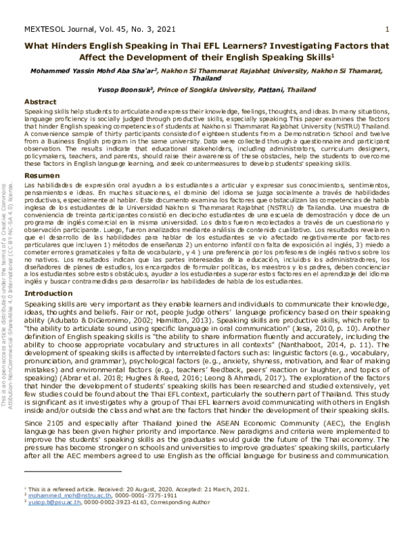 (PDF) What Hinders English Speaking in Thai EFL Learners? Investigating ...