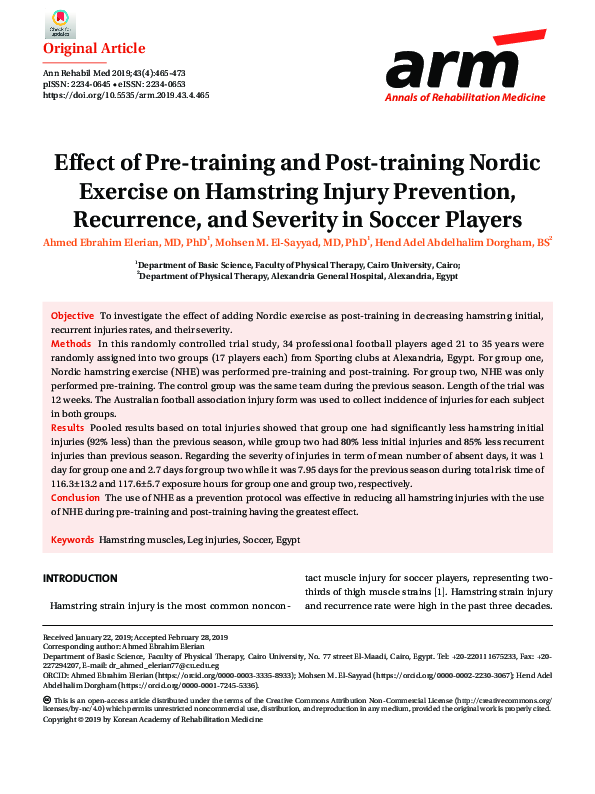 (PDF) Effect of Pre-training and Post-training Nordic Exercise on ...
