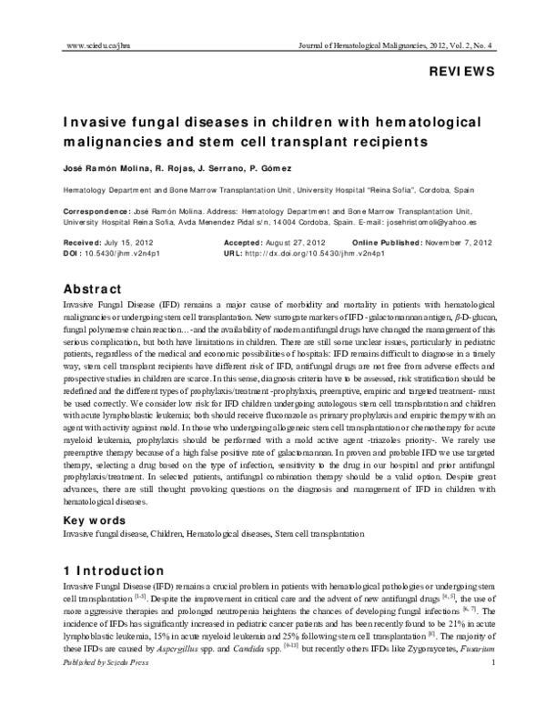 (PDF) Invasive fungal diseases in children with hematological ...