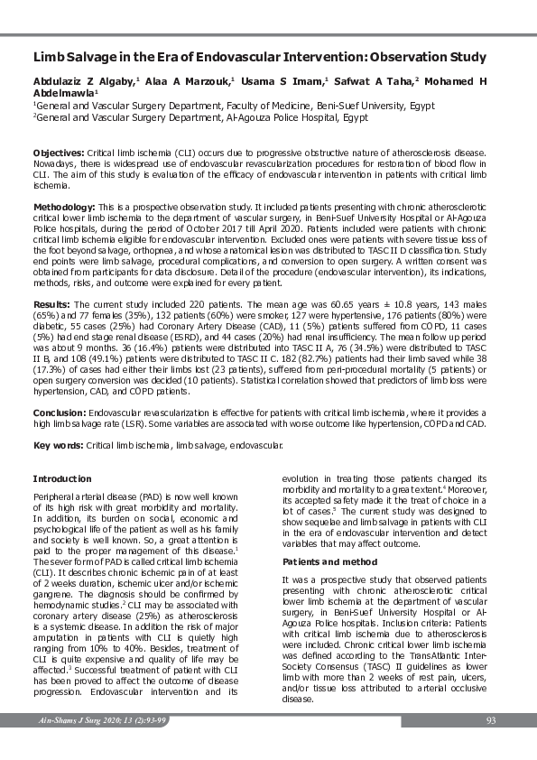 (PDF) Limb Salvage in the Era of Endovascular Intervention: Observation ...