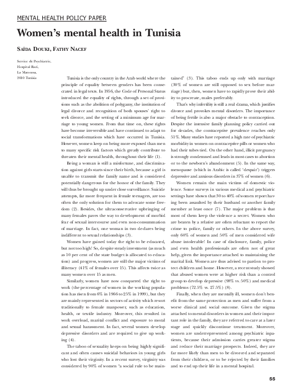 (PDF) Women's mental health in Tunisia | Saida DOUKI DEDIEU - Academia.edu