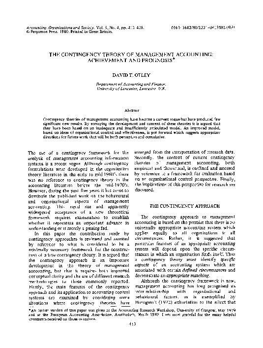 (PDF) The Contingency Theory of Management Accounting: Achievement and ...