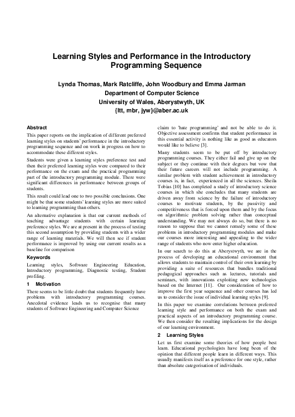 (PDF) Learning styles and performance in the introductory programming ...