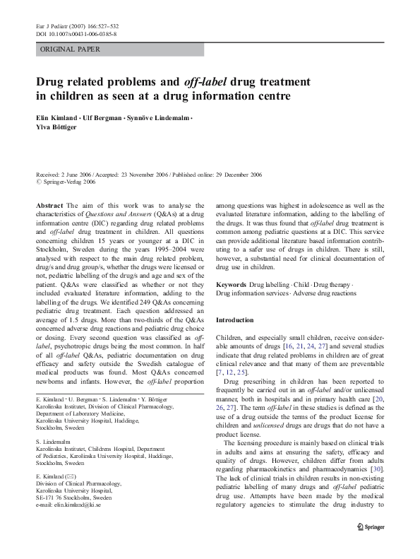 (PDF) Drug related problems and off-label drug treatment in children as ...