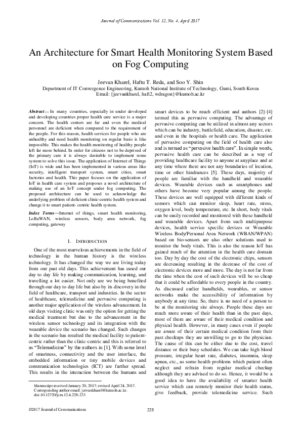 (PDF) An Architecture for Smart Health Monitoring System Based on Fog ...