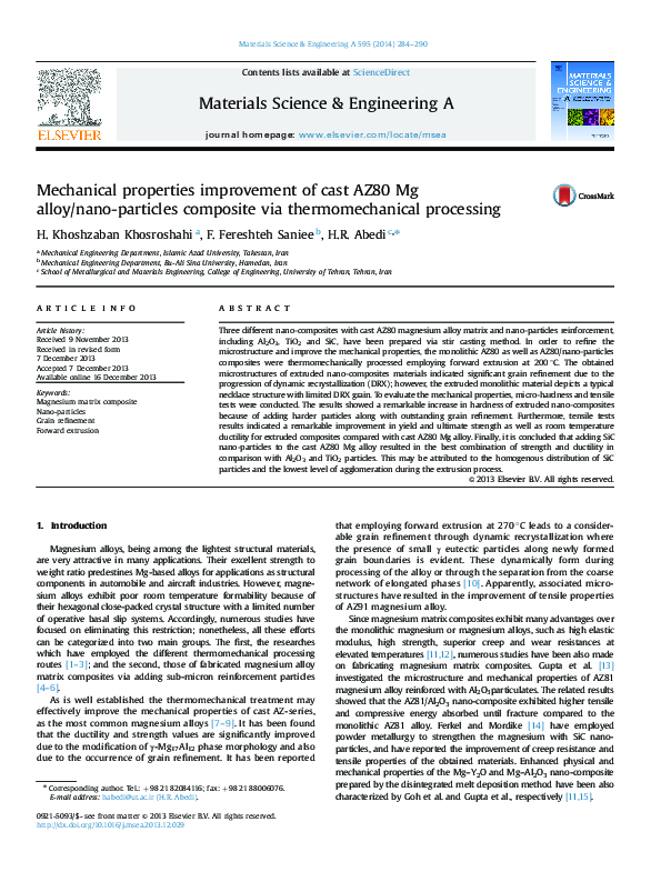 (PDF) Mechanical properties improvement of cast AZ80 Mg alloy/nano ...